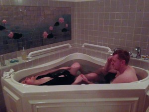 Heather relaxing through contractions in the tub
